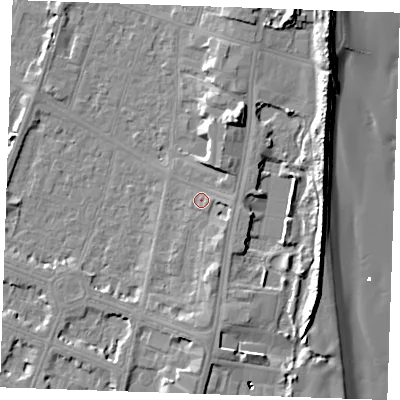 Shaded relief map of the ground around PE252TY, computed from Environment Agency LiDAR. The ground here sits at about 4 m above sea level and falls 13 m across the surrounding 800 m. Surface water reaching this point runs off ground lying to the east, 2.1 m higher.