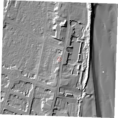 Shaded relief map of the ground around PE252UB, computed from Environment Agency LiDAR. The ground here sits at about 5 m above sea level and falls 13 m across the surrounding 800 m. Surface water reaching this point runs off ground lying to the north, 5.3 m higher.