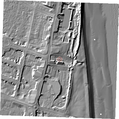 Shaded relief map of the ground around PE252UE, computed from Environment Agency LiDAR. The ground here sits at about 4 m above sea level and falls 12 m across the surrounding 800 m. Surface water reaching this point runs off ground lying to the north-north-east, 8.0 m higher.