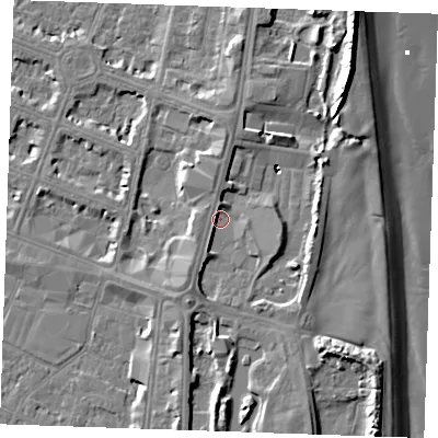 Shaded relief map of the ground around PE252UG, computed from Environment Agency LiDAR. The ground here sits at about 4 m above sea level and falls 10 m across the surrounding 800 m. Surface water reaching this point runs off ground lying to the east, 3.2 m higher.