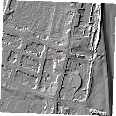 Shaded relief map of the ground around PE252UH, computed from Environment Agency LiDAR. The ground here sits at about 5 m above sea level and falls 10 m across the surrounding 800 m. Surface water reaching this point runs off ground lying to the south-south-east, 2.3 m higher.