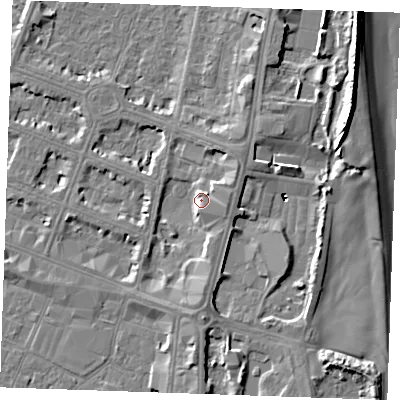 Shaded relief map of the ground around PE252UJ, computed from Environment Agency LiDAR. The ground here sits at about 5 m above sea level and falls 9 m across the surrounding 800 m. Surface water reaching this point runs off ground lying to the east-south-east, 3.5 m higher.