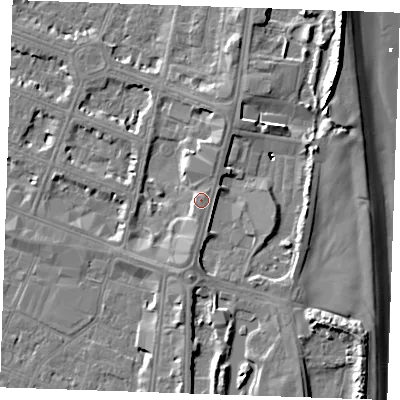 Shaded relief map of the ground around PE252UL, computed from Environment Agency LiDAR. The ground here sits at about 6 m above sea level and falls 9 m across the surrounding 800 m. Surface water reaching this point runs off ground lying to the north-east, 1.6 m higher.