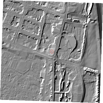 Shaded relief map of the ground around PE252UN, computed from Environment Agency LiDAR. The ground here sits at about 5 m above sea level and falls 9 m across the surrounding 800 m. Surface water reaching this point runs off ground lying to the east-south-east, 1.8 m higher.