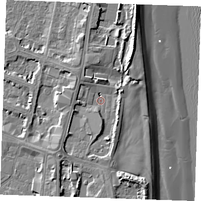 Shaded relief map of the ground around PE252UQ, computed from Environment Agency LiDAR. The ground here sits at about 4 m above sea level and falls 11 m across the surrounding 800 m. Surface water reaching this point runs off ground lying to the south-east, 5.8 m higher.