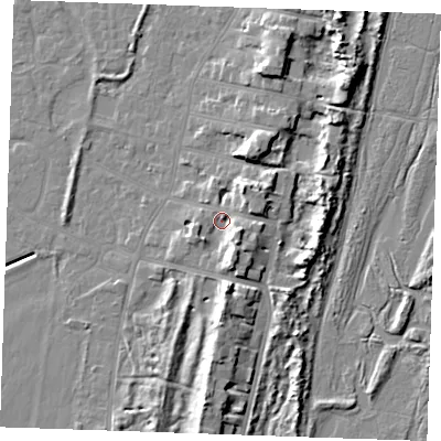 Shaded relief map of the ground around PE253AA, computed from Environment Agency LiDAR. The ground here sits at about 5 m above sea level and falls 10 m across the surrounding 800 m. Surface water reaching this point runs off ground lying to the south-south-east, 6.0 m higher.