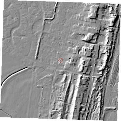 Shaded relief map of the ground around PE253AB, computed from Environment Agency LiDAR. The ground here sits at about 4 m above sea level and falls 10 m across the surrounding 800 m. Surface water reaching this point runs off ground lying to the east-south-east, 3.1 m higher.
