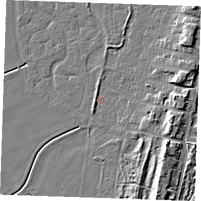 Shaded relief map of the ground around PE253AE, computed from Environment Agency LiDAR. The ground here sits at about 3 m above sea level and falls 10 m across the surrounding 800 m. Surface water reaching this point runs off ground lying to the west-south-west, 1.7 m higher.