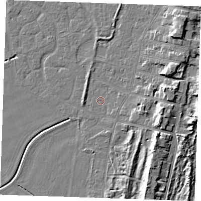 Shaded relief map of the ground around PE253AF, computed from Environment Agency LiDAR. The ground here sits at about 3 m above sea level and falls 10 m across the surrounding 800 m. Surface water reaching this point runs off ground lying to the east-south-east, 8.5 m higher.