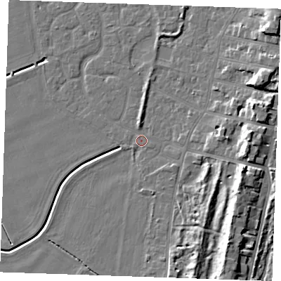 Shaded relief map of the ground around PE253AH, computed from Environment Agency LiDAR. The ground here sits at about 3 m above sea level and falls 10 m across the surrounding 800 m. Surface water reaching this point runs off ground lying to the east-south-east, 8.5 m higher.