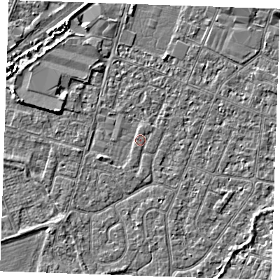 Shaded relief map of the ground around PE253AJ, computed from Environment Agency LiDAR. The ground here sits at about 3 m above sea level and falls 3 m across the surrounding 800 m. Surface water reaching this point runs off ground lying to the west-south-west, 1.0 m higher.