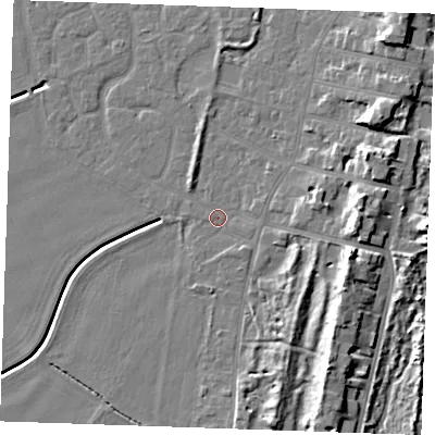 Shaded relief map of the ground around PE253AR, computed from Environment Agency LiDAR. The ground here sits at about 3 m above sea level and falls 10 m across the surrounding 800 m. Surface water reaching this point runs off ground lying to the east-south-east, 8.2 m higher.