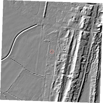 Shaded relief map of the ground around PE253AT, computed from Environment Agency LiDAR. The ground here sits at about 4 m above sea level and falls 10 m across the surrounding 800 m. Surface water reaching this point runs off ground lying to the west-south-west, 0.5 m higher.