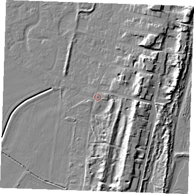 Shaded relief map of the ground around PE253AU, computed from Environment Agency LiDAR. The ground here sits at about 4 m above sea level and falls 10 m across the surrounding 800 m. Surface water reaching this point runs off ground lying to the east, 7.8 m higher.