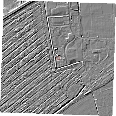 Shaded relief map of the ground around PE253AX, computed from Environment Agency LiDAR. The ground here sits at about 3 m above sea level and falls 4 m across the surrounding 800 m. Surface water reaching this point runs off ground lying to the north, 1.3 m higher.