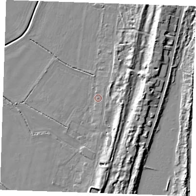Shaded relief map of the ground around PE253AY, computed from Environment Agency LiDAR. The ground here sits at about 4 m above sea level and falls 10 m across the surrounding 800 m. Surface water reaching this point runs off ground lying to the east-south-east, 5.3 m higher.