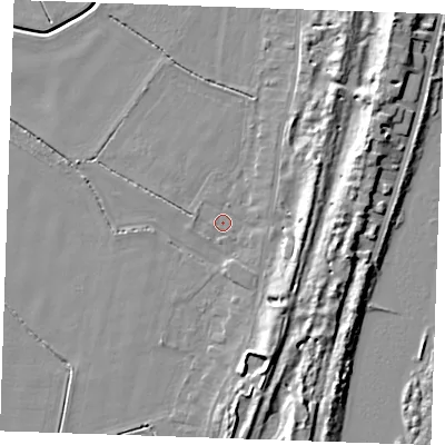 Shaded relief map of the ground around PE253AZ, computed from Environment Agency LiDAR. The ground here sits at about 4 m above sea level and falls 10 m across the surrounding 800 m. Surface water reaching this point runs off ground lying to the east, 5.3 m higher.