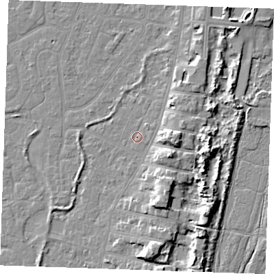 Shaded relief map of the ground around PE253BA, computed from Environment Agency LiDAR. The ground here sits at about 4 m above sea level and falls 9 m across the surrounding 800 m. Surface water reaching this point runs off ground lying to the east-north-east, 4.0 m higher.