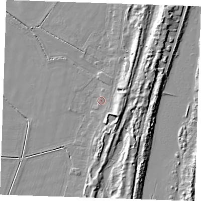 Shaded relief map of the ground around PE253BB, computed from Environment Agency LiDAR. The ground here sits at about 4 m above sea level and falls 9 m across the surrounding 800 m. Surface water reaching this point runs off ground lying to the south-east, 5.7 m higher.