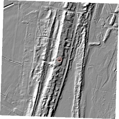 Shaded relief map of the ground around PE253BE, computed from Environment Agency LiDAR. The ground here sits at about 9 m above sea level and falls 10 m across the surrounding 800 m. Surface water reaching this point runs off ground lying to the south-south-west, 3.1 m higher.