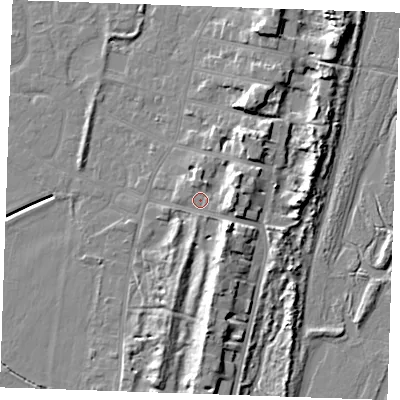 Shaded relief map of the ground around PE253BH, computed from Environment Agency LiDAR. The ground here sits at about 6 m above sea level and falls 10 m across the surrounding 800 m. Surface water reaching this point runs off ground lying to the east, 5.9 m higher.