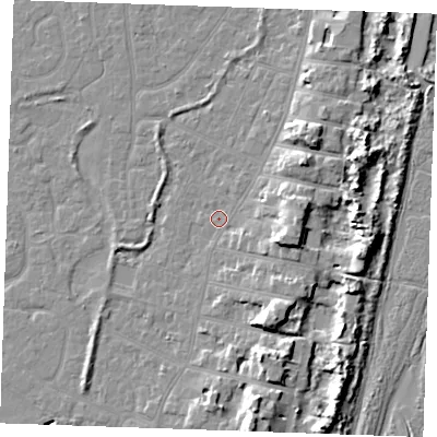 Shaded relief map of the ground around PE253BT, computed from Environment Agency LiDAR. The ground here sits at about 3 m above sea level and falls 10 m across the surrounding 800 m. Surface water reaching this point runs off ground lying to the east-south-east, 7.1 m higher.