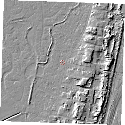 Shaded relief map of the ground around PE253BU, computed from Environment Agency LiDAR. The ground here sits at about 3 m above sea level and falls 10 m across the surrounding 800 m. Surface water reaching this point runs off ground lying to the south-east, 6.5 m higher.