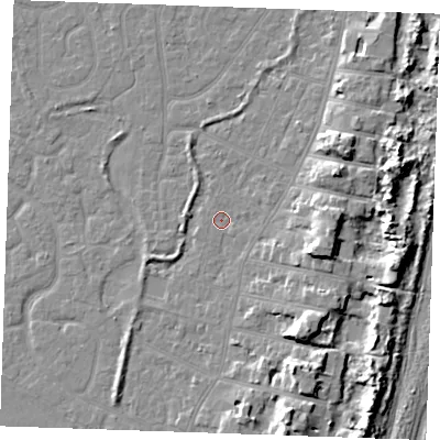 Shaded relief map of the ground around PE253BX, computed from Environment Agency LiDAR. The ground here sits at about 3 m above sea level and falls 9 m across the surrounding 800 m. Surface water reaching this point runs off ground lying to the east-south-east, 7.1 m higher.