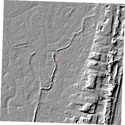 Shaded relief map of the ground around PE253BY, computed from Environment Agency LiDAR. The ground here sits at about 3 m above sea level and falls 9 m across the surrounding 800 m. Surface water reaching this point runs off ground lying to the east-south-east, 6.0 m higher.