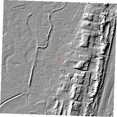 Shaded relief map of the ground around PE253DA, computed from Environment Agency LiDAR. The ground here sits at about 3 m above sea level and falls 10 m across the surrounding 800 m. Surface water reaching this point runs off ground lying to the east-south-east, 6.0 m higher.