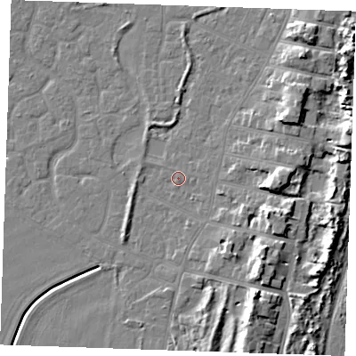 Shaded relief map of the ground around PE253DB, computed from Environment Agency LiDAR. The ground here sits at about 3 m above sea level and falls 10 m across the surrounding 800 m. Surface water reaching this point runs off ground lying to the south-south-west, 0.6 m higher.