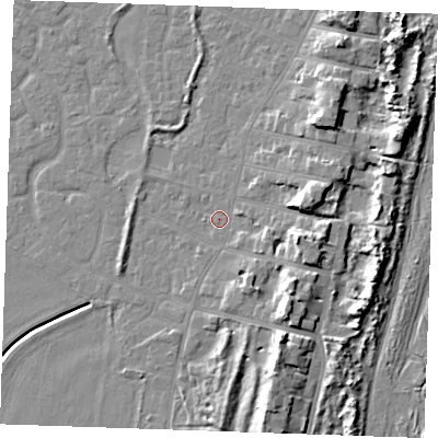 Shaded relief map of the ground around PE253DD, computed from Environment Agency LiDAR. The ground here sits at about 4 m above sea level and falls 10 m across the surrounding 800 m. Surface water reaching this point runs off ground lying to the south-east, 7.5 m higher.