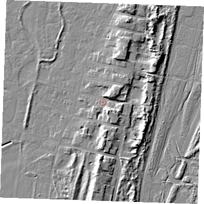 Shaded relief map of the ground around PE253DE, computed from Environment Agency LiDAR. The ground here sits at about 5 m above sea level and falls 10 m across the surrounding 800 m. Surface water reaching this point runs off ground lying to the south, 7.3 m higher.
