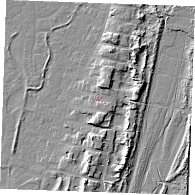Shaded relief map of the ground around PE253DH, computed from Environment Agency LiDAR. The ground here sits at about 6 m above sea level and falls 9 m across the surrounding 800 m. Surface water reaching this point runs off ground lying to the south-east, 2.1 m higher.