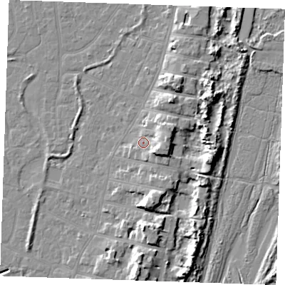 Shaded relief map of the ground around PE253DJ, computed from Environment Agency LiDAR. The ground here sits at about 5 m above sea level and falls 10 m across the surrounding 800 m. Surface water reaching this point runs off ground lying to the east-south-east, 6.0 m higher.