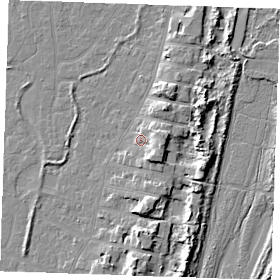 Shaded relief map of the ground around PE253DL, computed from Environment Agency LiDAR. The ground here sits at about 5 m above sea level and falls 9 m across the surrounding 800 m. Surface water reaching this point runs off ground lying to the east-south-east, 5.7 m higher.