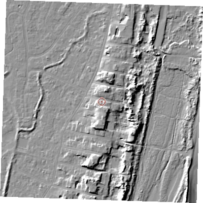 Shaded relief map of the ground around PE253DN, computed from Environment Agency LiDAR. The ground here sits at about 6 m above sea level and falls 10 m across the surrounding 800 m. Surface water reaching this point runs off ground lying to the south-south-east, 3.7 m higher.