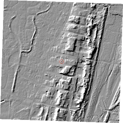 Shaded relief map of the ground around PE253DQ, computed from Environment Agency LiDAR. The ground here sits at about 6 m above sea level and falls 10 m across the surrounding 800 m. Surface water reaching this point runs off ground lying to the south-south-east, 4.4 m higher.