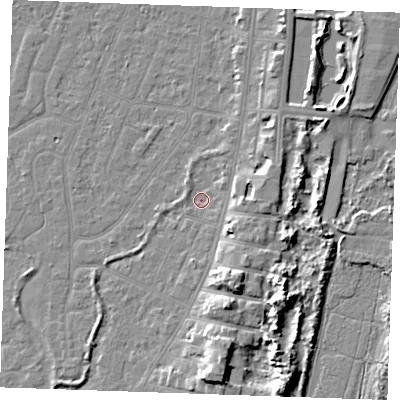 Shaded relief map of the ground around PE253DT, computed from Environment Agency LiDAR. The ground here sits at about 3 m above sea level and falls 9 m across the surrounding 800 m. Surface water reaching this point runs off ground lying to the east, 4.0 m higher.