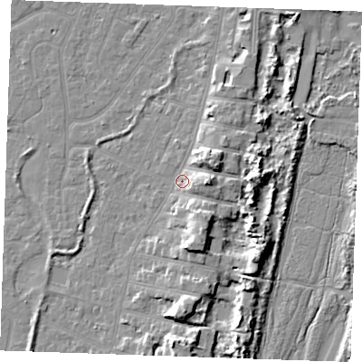 Shaded relief map of the ground around PE253DW, computed from Environment Agency LiDAR. The ground here sits at about 4 m above sea level and falls 9 m across the surrounding 800 m. Surface water reaching this point runs off ground lying to the east-north-east, 5.5 m higher.