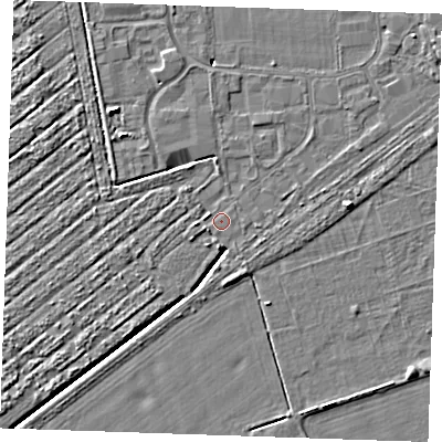 Shaded relief map of the ground around PE253DX, computed from Environment Agency LiDAR. The ground here sits at about 3 m above sea level and falls 5 m across the surrounding 800 m. Surface water reaching this point runs off ground lying to the west, 0.8 m higher.