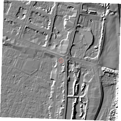 Shaded relief map of the ground around PE253DY, computed from Environment Agency LiDAR. The ground here sits at about 5 m above sea level and falls 7 m across the surrounding 800 m. Surface water reaching this point runs off ground lying to the south-south-east, 1.5 m higher.