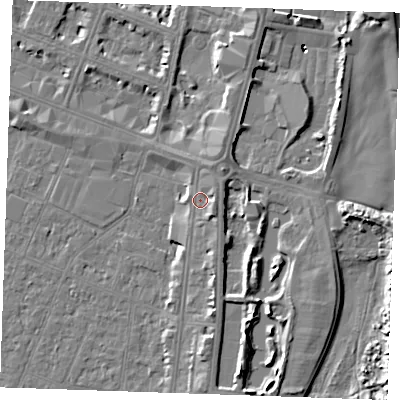 Shaded relief map of the ground around PE253EA, computed from Environment Agency LiDAR. The ground here sits at about 5 m above sea level and falls 7 m across the surrounding 800 m. Surface water reaching this point runs off ground lying to the south-east, 1.6 m higher.