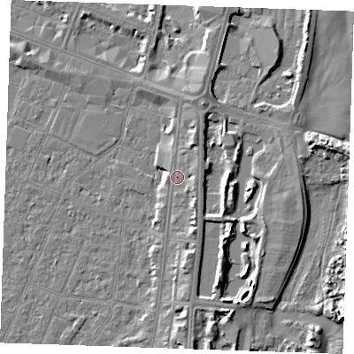 Shaded relief map of the ground around PE253EB, computed from Environment Agency LiDAR. The ground here sits at about 5 m above sea level and falls 6 m across the surrounding 800 m. Surface water reaching this point runs off ground lying to the north-north-east, 1.9 m higher.