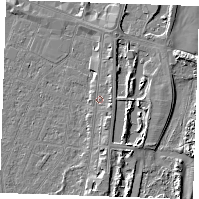 Shaded relief map of the ground around PE253ED, computed from Environment Agency LiDAR. The ground here sits at about 5 m above sea level and falls 6 m across the surrounding 800 m. Surface water reaching this point runs off ground lying to the north-north-east, 2.2 m higher.