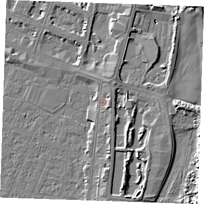 Shaded relief map of the ground around PE253EF, computed from Environment Agency LiDAR. The ground here sits at about 5 m above sea level and falls 7 m across the surrounding 800 m. Surface water reaching this point runs off ground lying to the east-south-east, 1.6 m higher.
