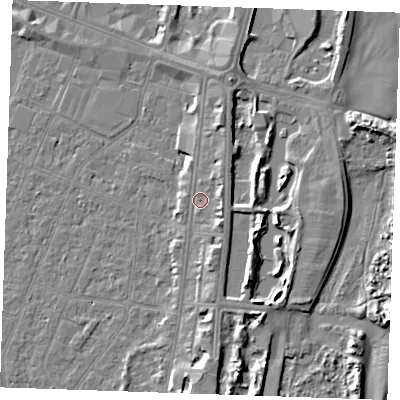 Shaded relief map of the ground around PE253EG, computed from Environment Agency LiDAR. The ground here sits at about 5 m above sea level and falls 6 m across the surrounding 800 m. Surface water reaching this point runs off ground lying to the north-north-east, 2.0 m higher.
