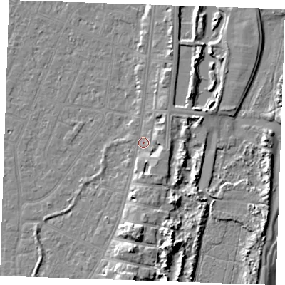 Shaded relief map of the ground around PE253EH, computed from Environment Agency LiDAR. The ground here sits at about 4 m above sea level and falls 10 m across the surrounding 800 m. Surface water reaching this point runs off ground lying to the east-south-east, 2.8 m higher.