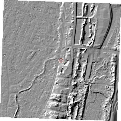 Shaded relief map of the ground around PE253EJ, computed from Environment Agency LiDAR. The ground here sits at about 4 m above sea level and falls 10 m across the surrounding 800 m. Surface water reaching this point runs off ground lying to the east-south-east, 2.8 m higher.