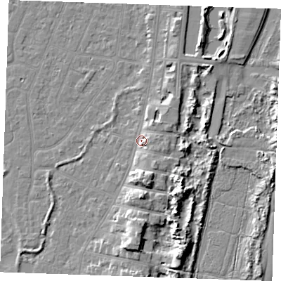 Shaded relief map of the ground around PE253EP, computed from Environment Agency LiDAR. The ground here sits at about 4 m above sea level and falls 9 m across the surrounding 800 m. Surface water reaching this point runs off ground lying to the south-east, 2.7 m higher.
